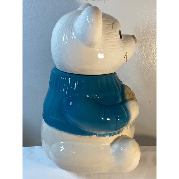 Welcome Cookie Jar Ceramic White Teddy Bear Blue Sweater Cookie Taiwan VTG - Picture 8 of 13